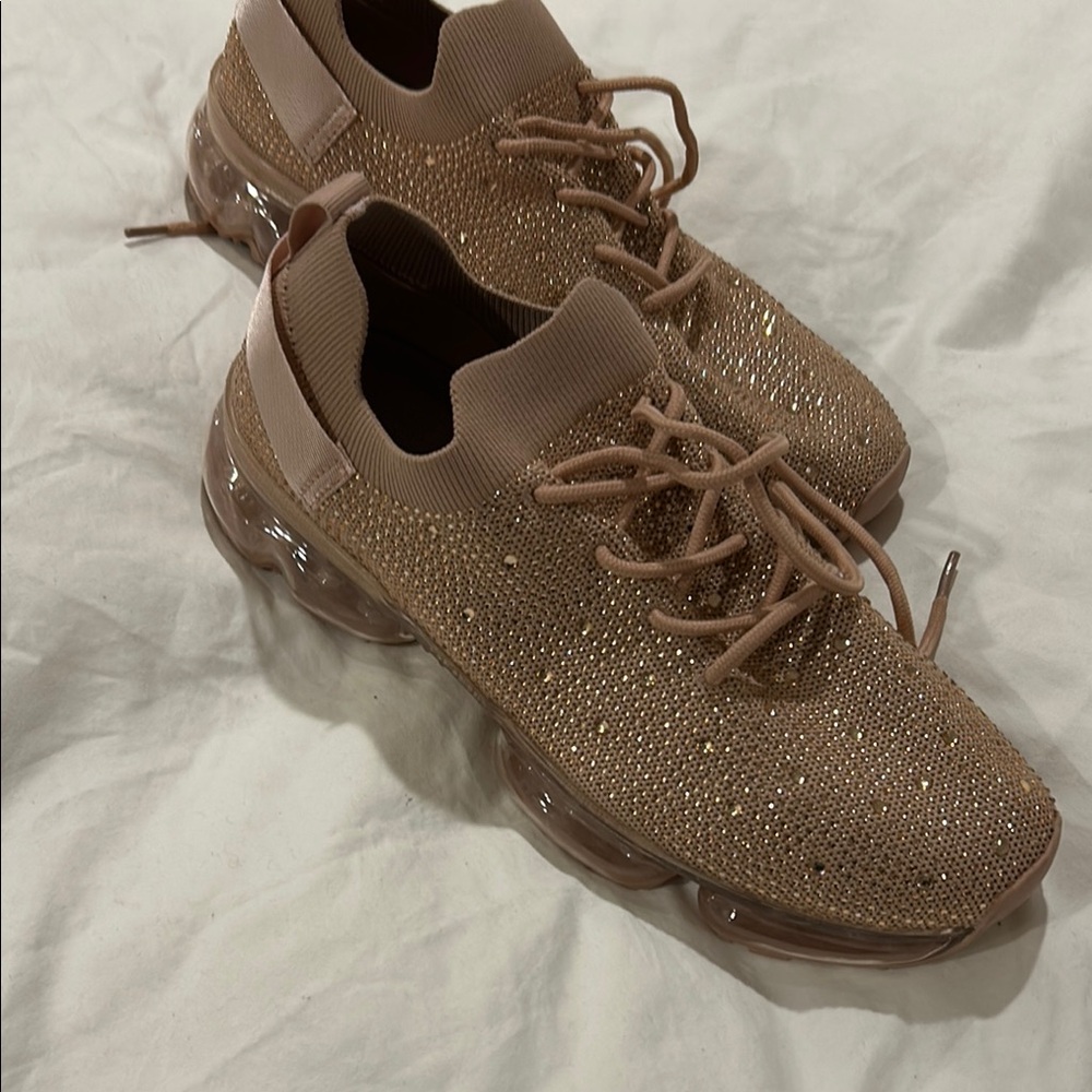 Cream Sneakers with Sock-Like Fit rhinestones and Chunky Sole